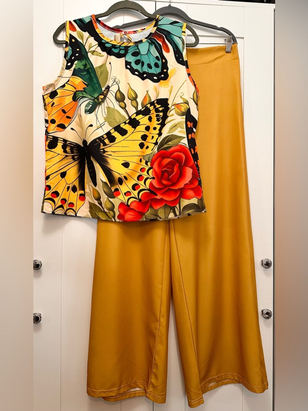 Butterfly Floral Print Sleeveless Top & Wide Leg Pants 2 Piece Outfit Sz XL NEW!